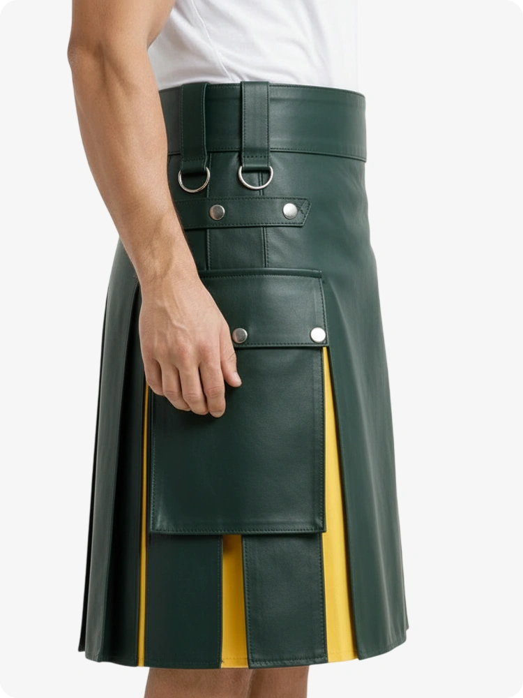 Kilt de cuero verde oscuro y amarillo con bolsillos cargo
