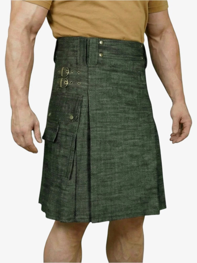Falda Escocesa Vaquera Verde Oliva Oscuro con Bolsillo Cargo