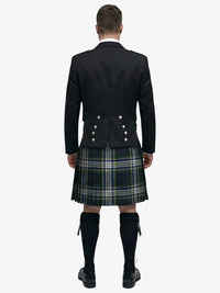 Person wearing a black prince charlie jacket and dress gordon tartan plaid kilt on a white background