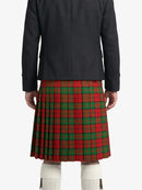 Person wearing a black coat and red plaid kilt on a white background