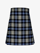 Plaid kilt with blue, black, and white pattern on a white background