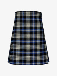 Plaid kilt with blue, black, and white pattern on a white background