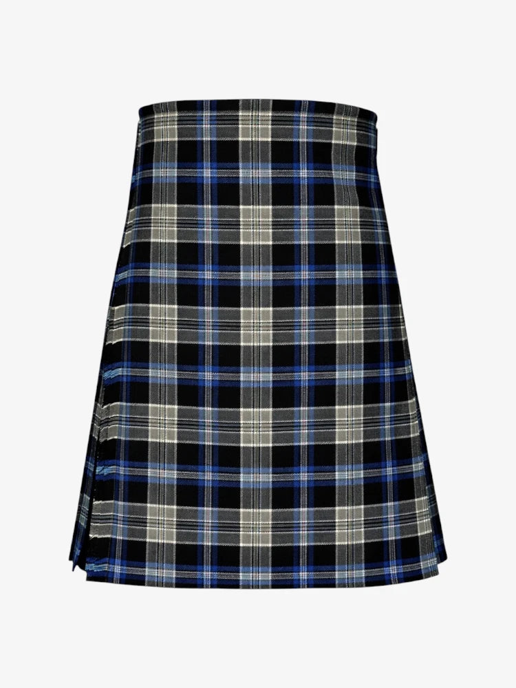 Plaid kilt with blue, black, and white pattern on a white background