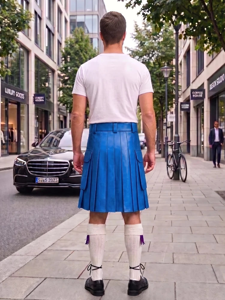 A man standing on a city sidewalk, viewed from behind, wearing a bright blue leather kilt, a white t-shirt, white knee-high socks, and black shoes.