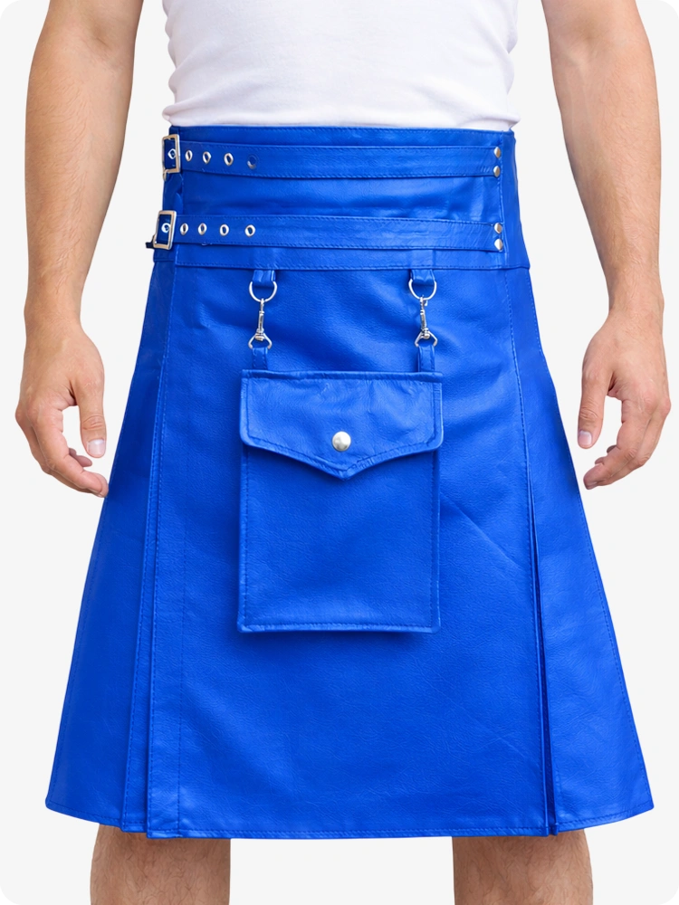 Kilt utilitario de cuero azul eléctrico con bolsillo frontal y correas ajustables con hebilla