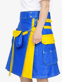 Electric Blue Leather Utility Kilt with Yellow Accents & Detachable Pockets