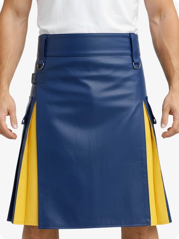 Kilt de cuero azul eléctrico y amarillo con bolsillos cargo