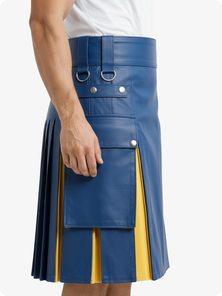 Kilt de cuero azul eléctrico y amarillo con bolsillos cargo