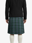 Person wearing a black jacket and green plaid kilt on a white background