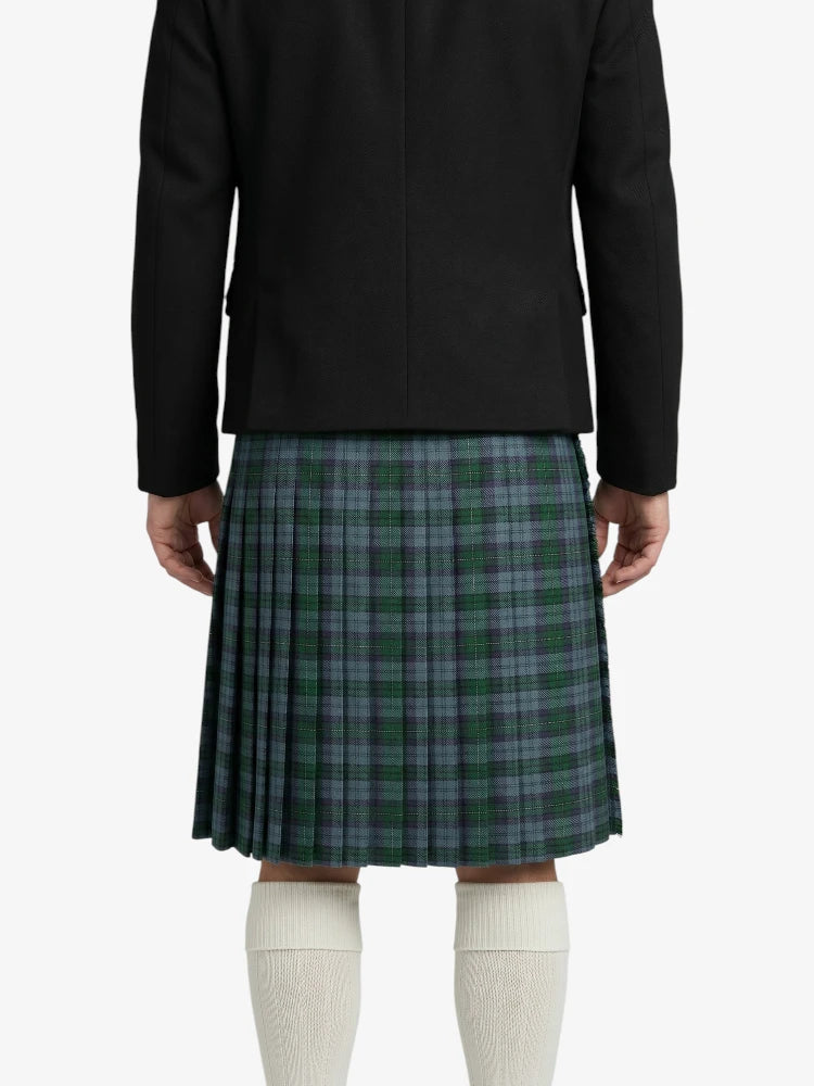 Person wearing a black jacket and green plaid kilt on a white background