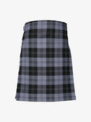 Plaid kilt with black, gray, and white pattern on a white background