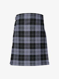 Plaid kilt with black, gray, and white pattern on a white background