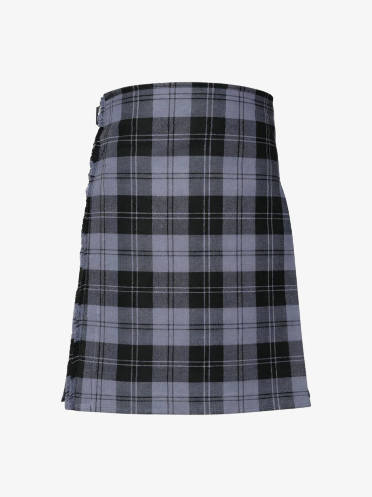 Plaid kilt with black, gray, and white pattern on a white background