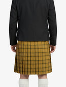 Person wearing a black coat and yellow plaid kilt on a white background