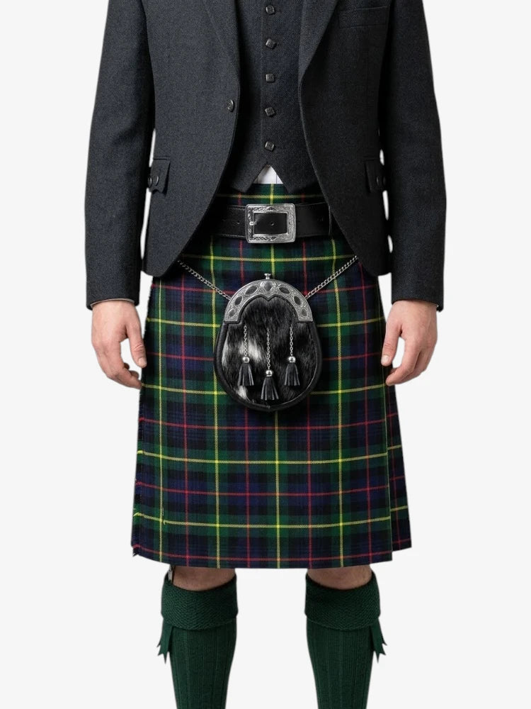 Person wearing a traditional Scottish kilt with a tartan pattern on a white background