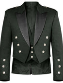 A dark forest green double-breasted blazer with black satin peak lapels and silver metallic square studs on the front and cuffs, shown against a plain white background.