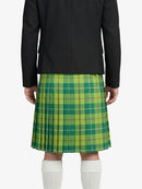 Person wearing a black jacket and green plaid kilt  on a white background