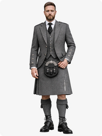 Man wearing a gray Highland kilt with jacket and hose on a white background