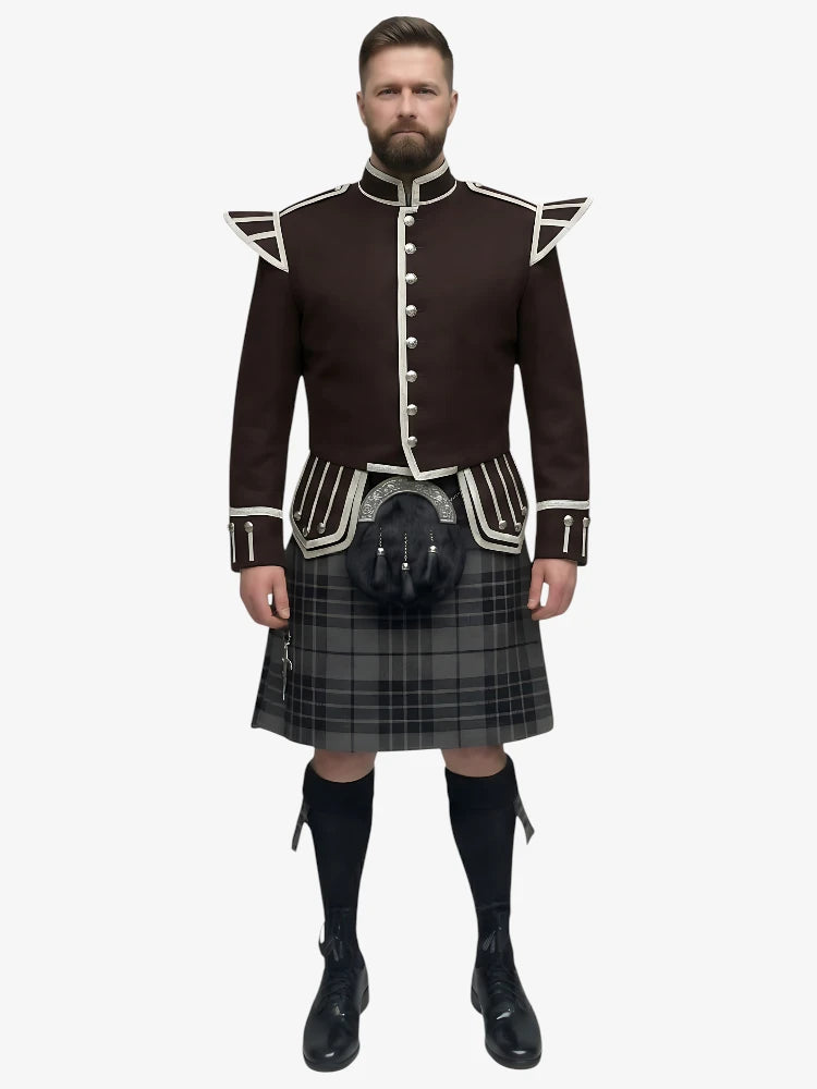 Conjunto Kilt Doublet de Tartan Grey Watch con Chaqueta Marrón Oscuro