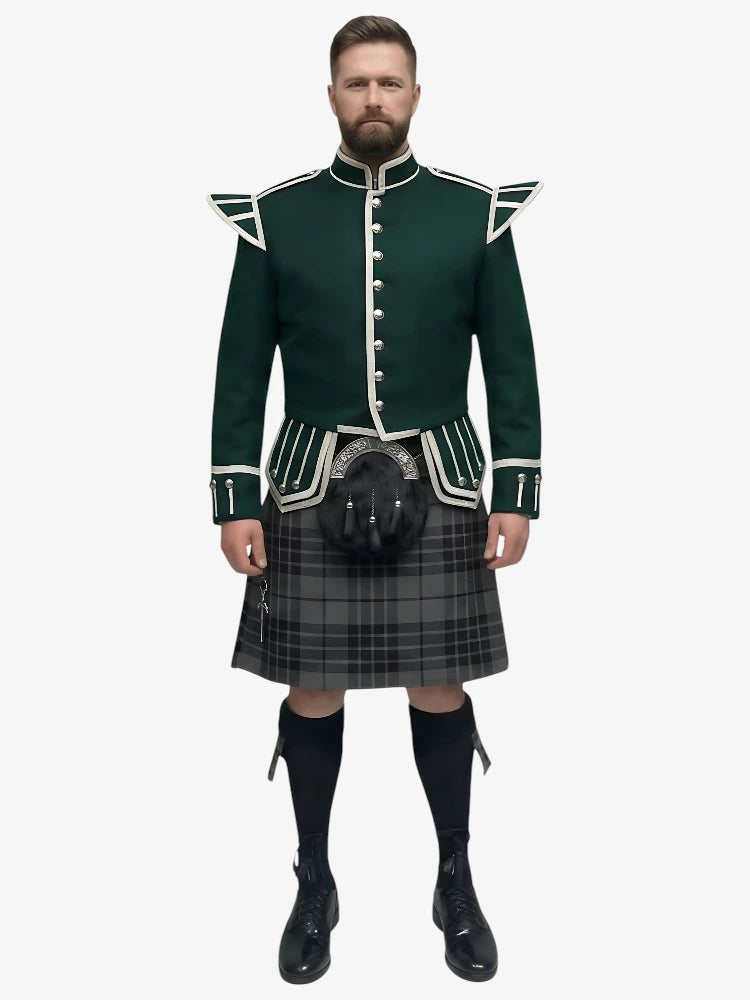 Conjunto Kilt Doublet de Tartan Grey Watch con Chaqueta Verde Oscuro