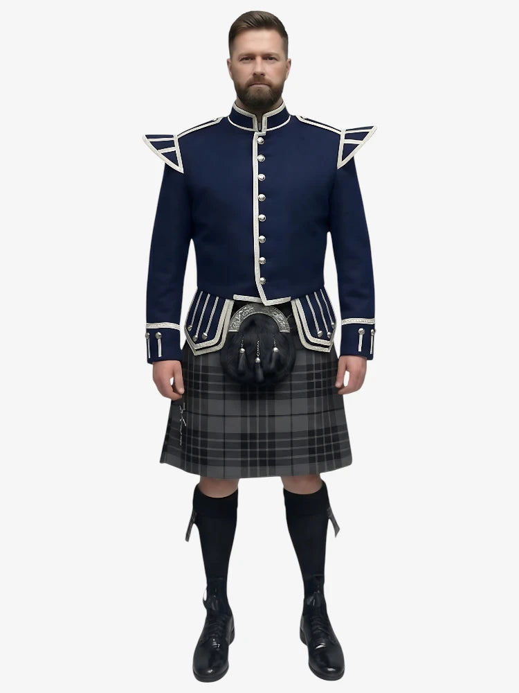Conjunto de Kilt Doublet de Tartan Grey Watch con Chaqueta Azul Marino