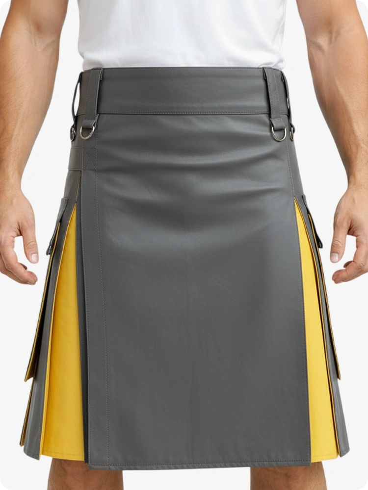 Kilt de cuero gris y amarillo con bolsillos cargo