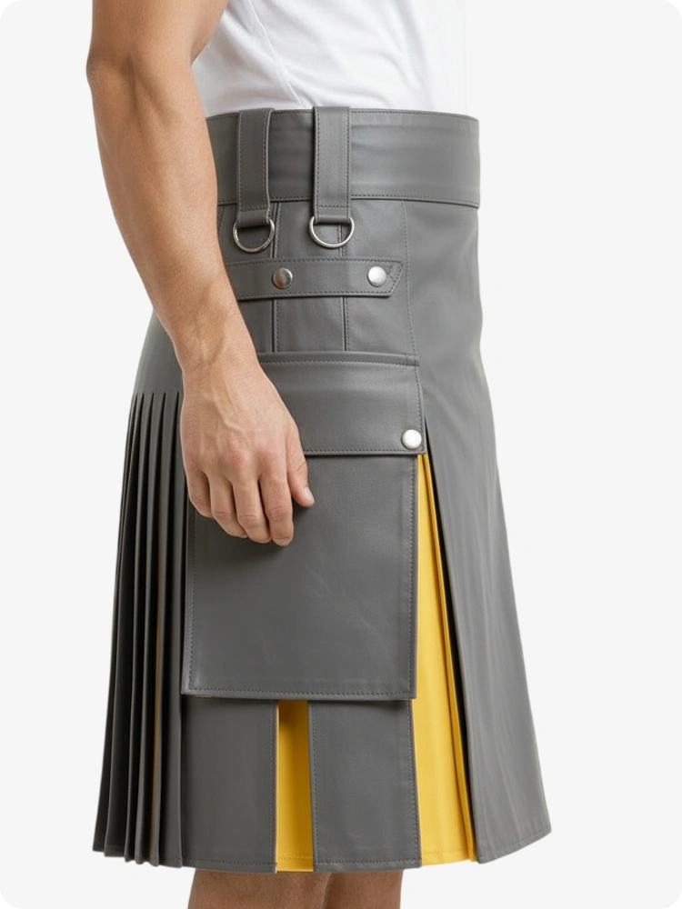 Kilt de cuero gris y amarillo con bolsillos cargo
