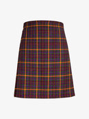 Plaid kilt with red, blue, and orange pattern on a white background