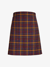Plaid kilt with red, blue, and orange pattern on a white background