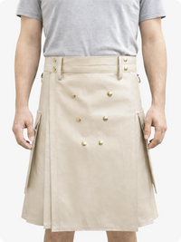 Handcrafted Biege Cream Leather Utility Kilt with Front Button Rivets
