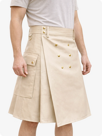 Handcrafted Biege Cream Leather Utility Kilt with Front Button Rivets