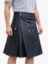 Handcrafted Charcoal Leather Utility Kilt with Front Button Rivets