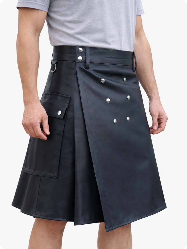 Handcrafted Charcoal Leather Utility Kilt with Front Button Rivets