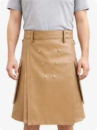 Handcrafted Tan Leather Utility Kilt with Front Button Rivets