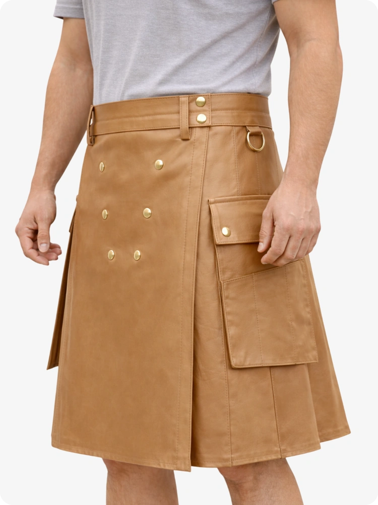 Handcrafted Tan Leather Utility Kilt with Front Button Rivets