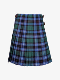 Plaid kilt with green, blue, and black colors on a white background