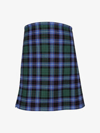 Plaid kilt with green, blue, and black pattern on a white background