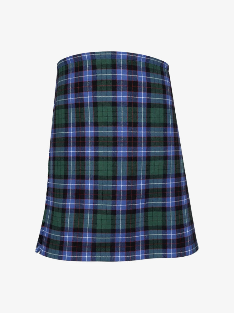 Plaid kilt with green, blue, and black pattern on a white background