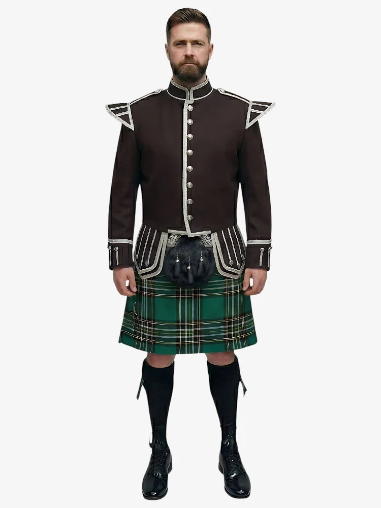 Conjunto Kilt Doublet de Tartan Nacional Irlandés con Chaqueta Marrón Oscuro
