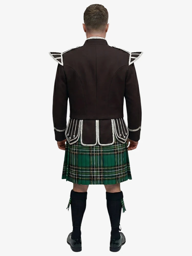 Conjunto Kilt Doublet de Tartan Nacional Irlandés con Chaqueta Marrón Oscuro