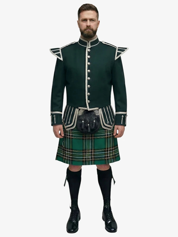 Conjunto Kilt Doublet de Tartan Irish National con Chaqueta Verde Oscuro