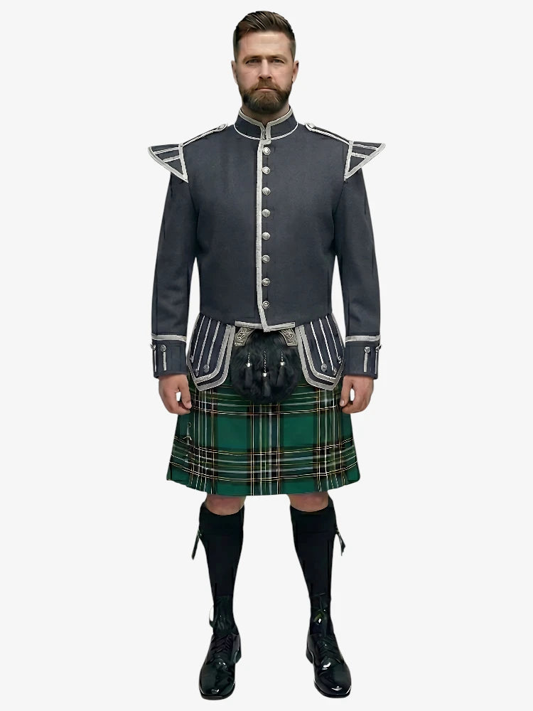 Conjunto de Kilt Doublet Tartan Irish National con Chaqueta Gris Oscuro
