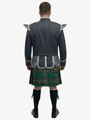 Person wearing a traditional Scottish irish national tartan kilt with a gray jacket on a white background