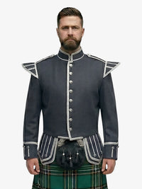 Man wearing a dark grey jacket with silver buttons and a irish national tartan plaid kilt on a white background