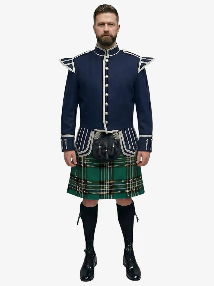 Conjunto de Kilt Doublet de Tartan Irish National con Chaqueta Azul Marino