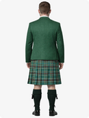 Person wearing a green jacket and plaid kilt on a white background