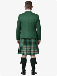 Person wearing a green jacket and plaid kilt on a white background