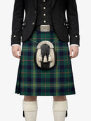 Person wearing a traditional Scottish kilt with a tartan pattern on a white background