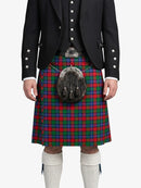 Person wearing a traditional Scottish kilt with a tartan pattern on a white background
