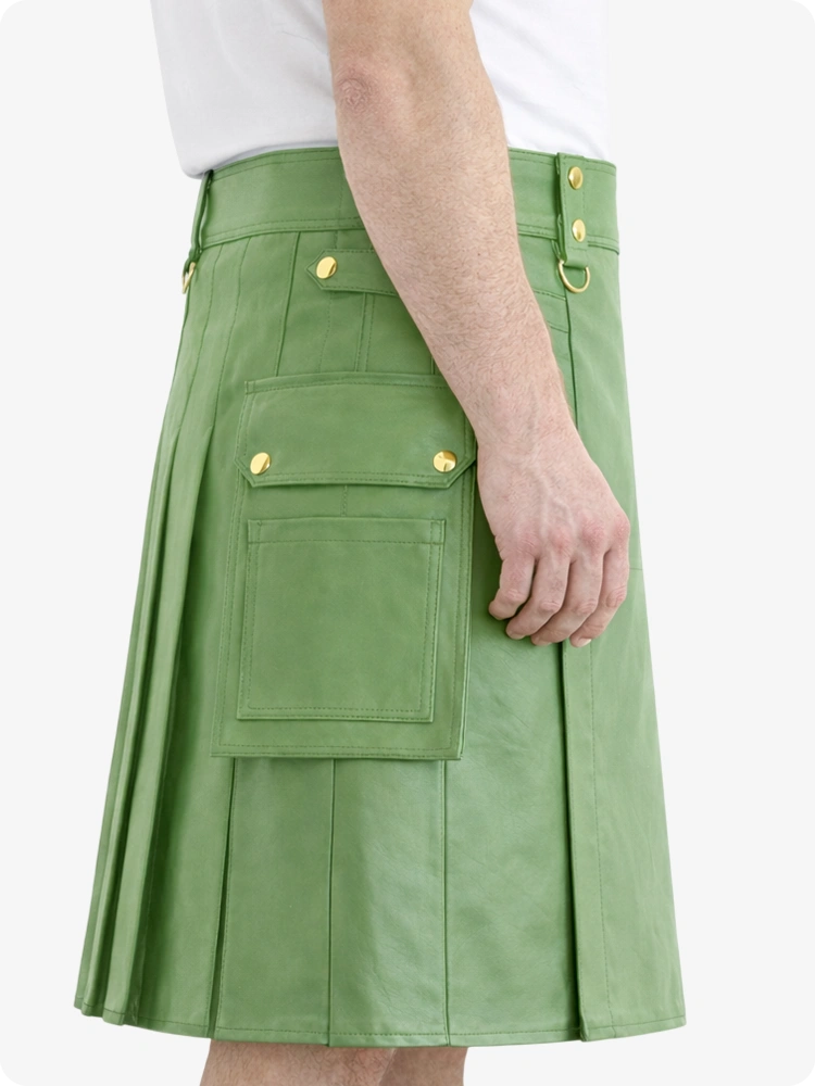 Light Green Genuine Leather Utility Kilt with Cargo Pockets & D-Rings